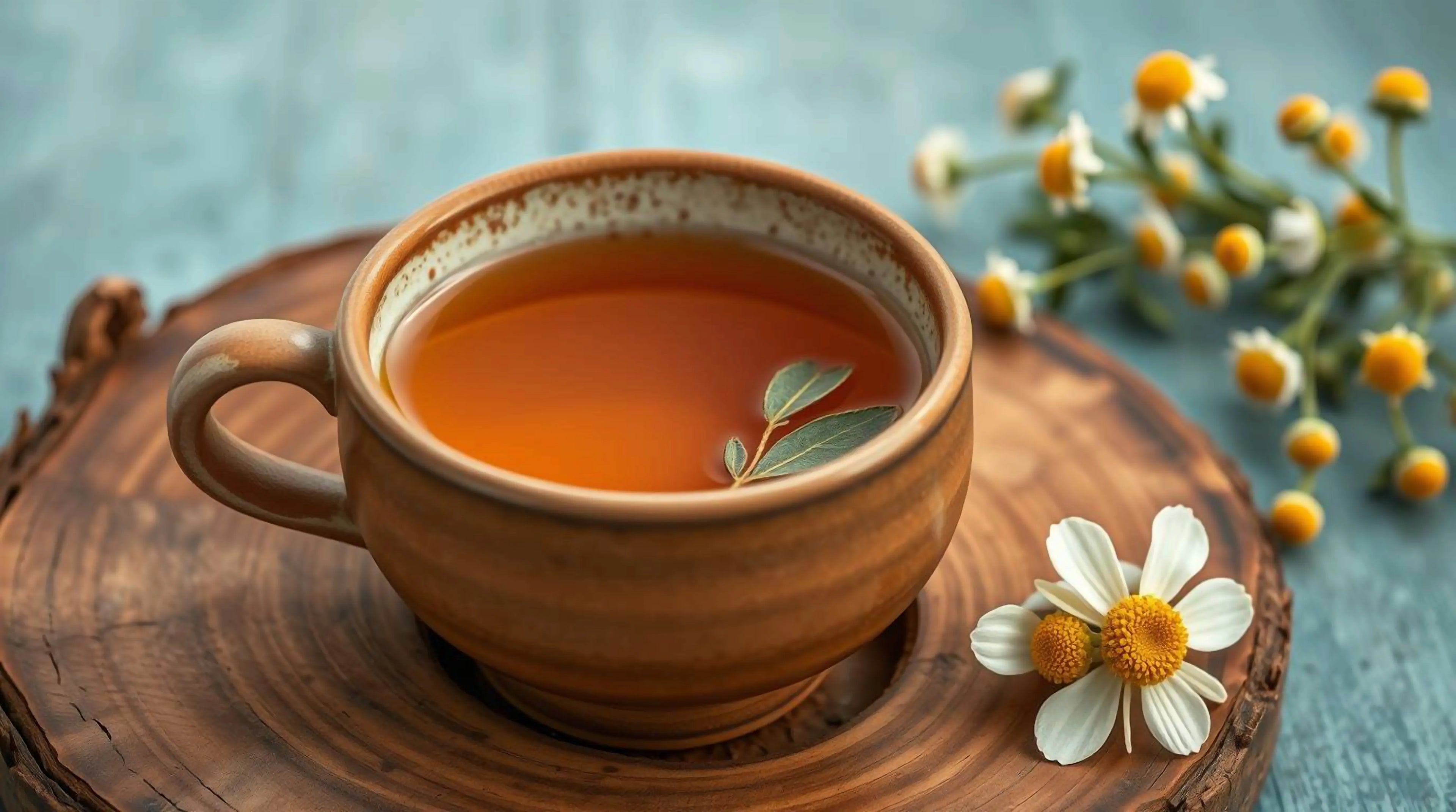 Une tasse en céramique marron remplie de thé chaud, avec une feuille flottant à la surface, posée sur une planche en bois. Des fleurs de camomille sont disposées à côté de la tasse sur un fond bleu-gris