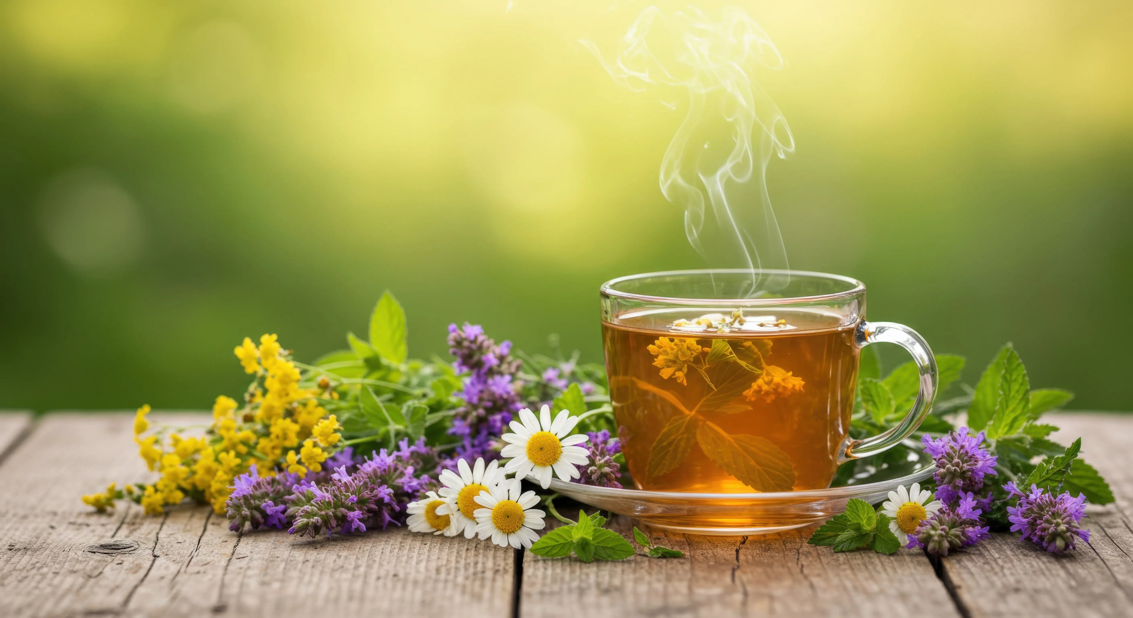 Une tasse de thé aux herbes fumant, entourée de diverses fleurs sauvages et de feuilles de menthe, posée sur une table rustique en bois à l'extérieur, avec un fond vert flou.