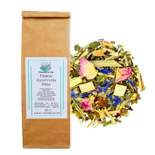 Sachet kraft de tisane Rose Matin Tisane & Cie avec un mélange coloré de morceaux de fruits, pétales et plantes séchées.