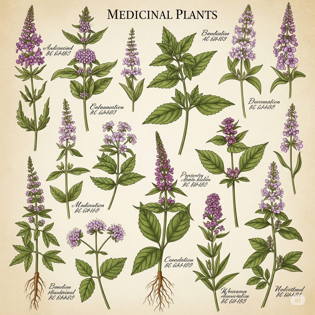 Illustration botanique détaillée de diverses plantes médicinales bio avec leurs noms, représentant la sélection et la qualité pour des infusions naturelles.