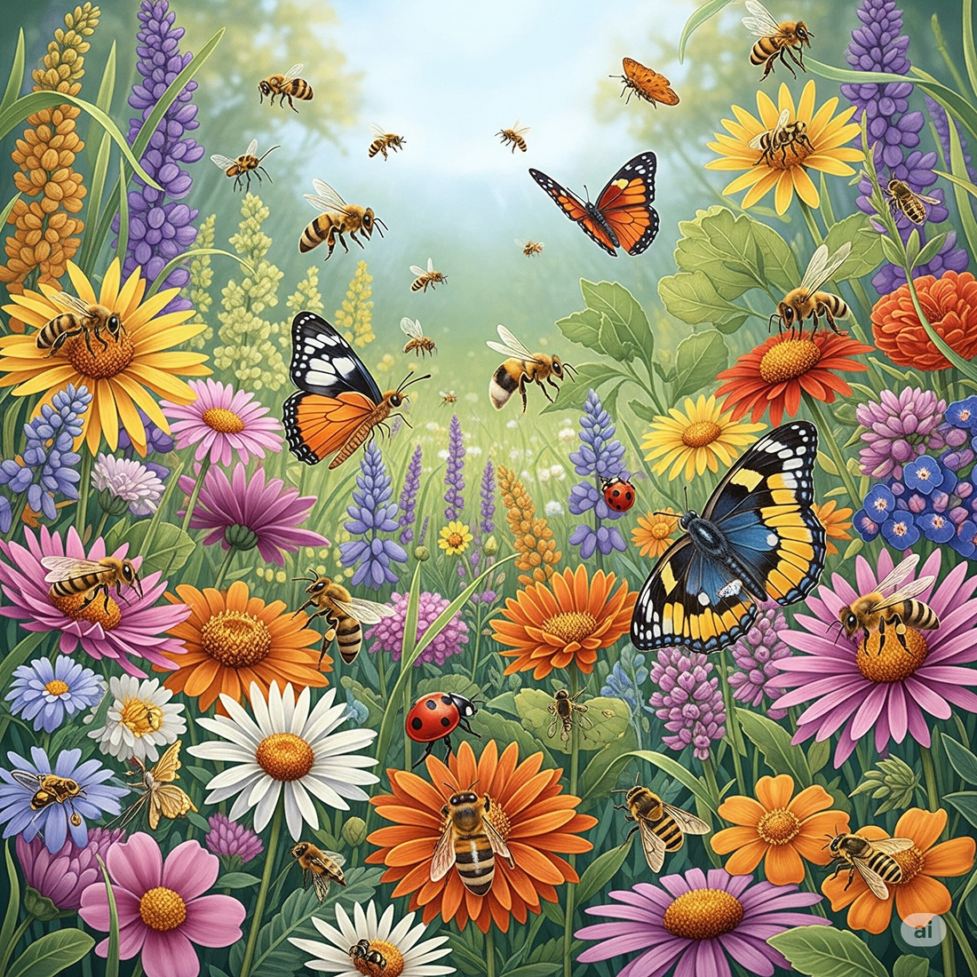 Champ fleuri vibrant avec des abeilles, papillons et autres pollinisateurs, symbolisant la biodiversité et l'agriculture biologique durable de Tisane & Cie.