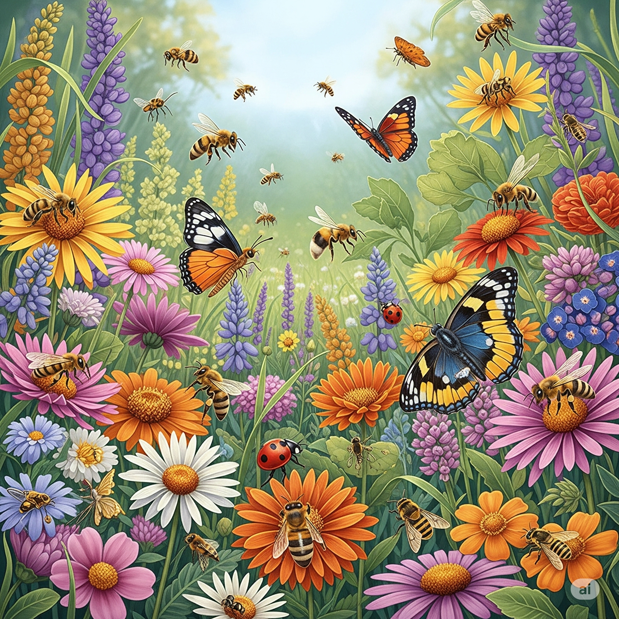 Champ fleuri vibrant avec des abeilles, papillons et autres pollinisateurs, symbolisant la biodiversité et l'agriculture biologique durable de Tisane & Cie. Image