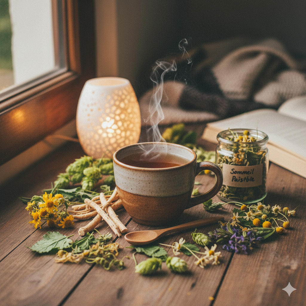 Tasse de tisane chaude entourée de racines de valériane, houblon, camomille et mélisse près d'une fenêtre pour favoriser le sommeil réparateur.