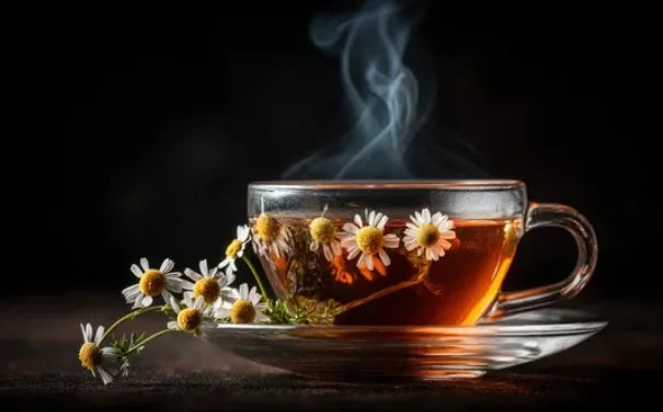 Tasse de tisane chaude à la camomille avec fleurs fraîches, sur fond sombre – boisson bien-être sans théine