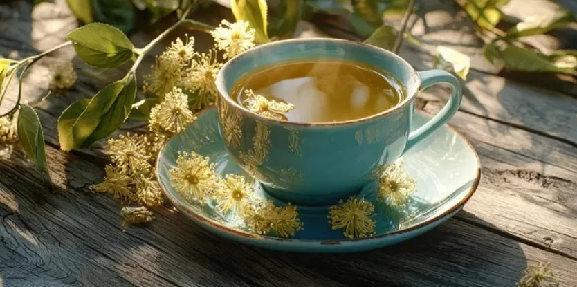 Tasse de tisane au tilleul posée sur une table en bois, entourée de fleurs de tilleul fraîches et de feuilles, éclairée par une lumière naturelle douce.