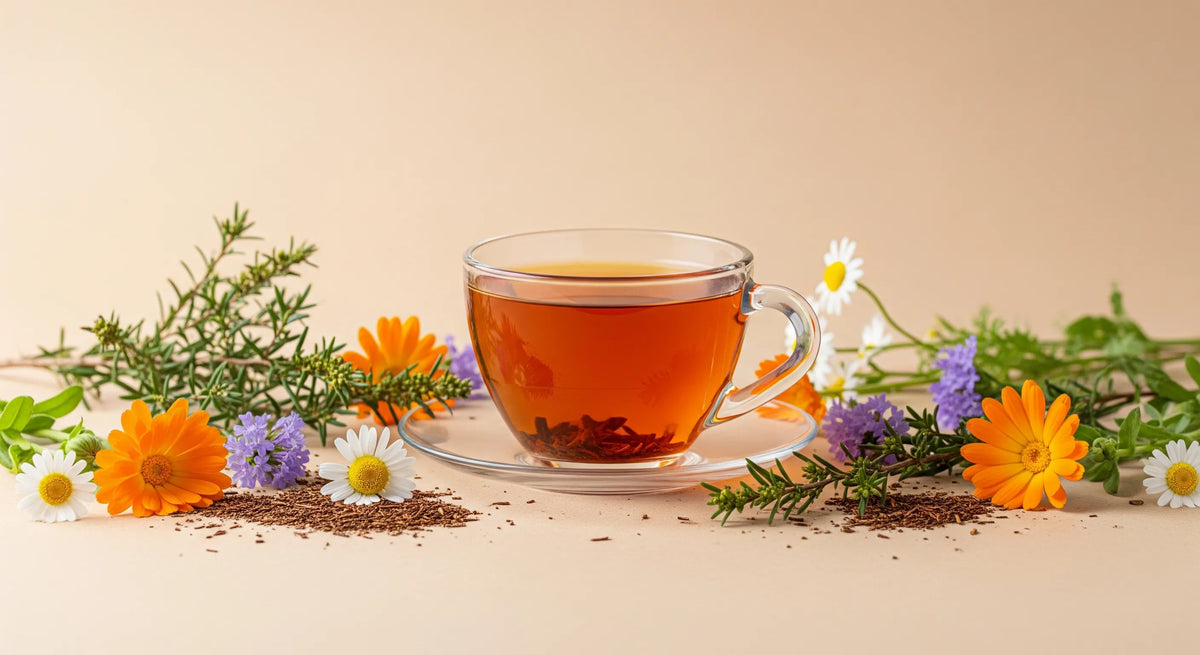 Une tasse de tisane transparente remplie de liquide ambré, entourée de fleurs colorées, d'herbes et de plantes sur un fond beige