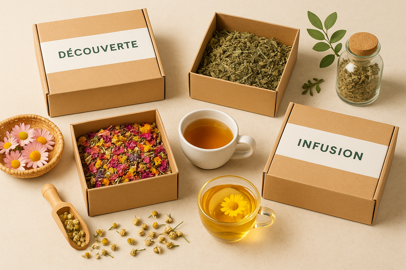 Trois coffrets découverte en carton, un pot d'infusion, une tasse de tisane et une cuillère en bois avec des fleurs séchées