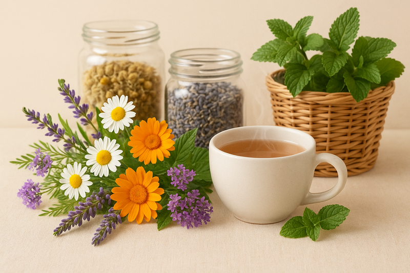 Tasse de tisane chaude avec bouquet de lavande, marguerites et soucis, et bocaux de plantes séchées en arrière-plan.