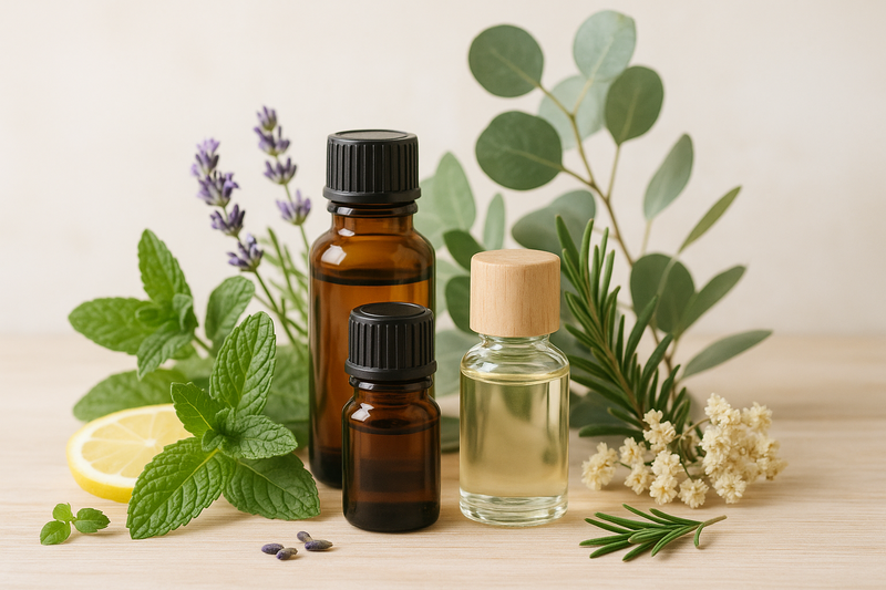 Bouteilles d'huiles essentielles avec feuilles de menthe, eucalyptus, lavande et romarin, sur un fond apaisant.