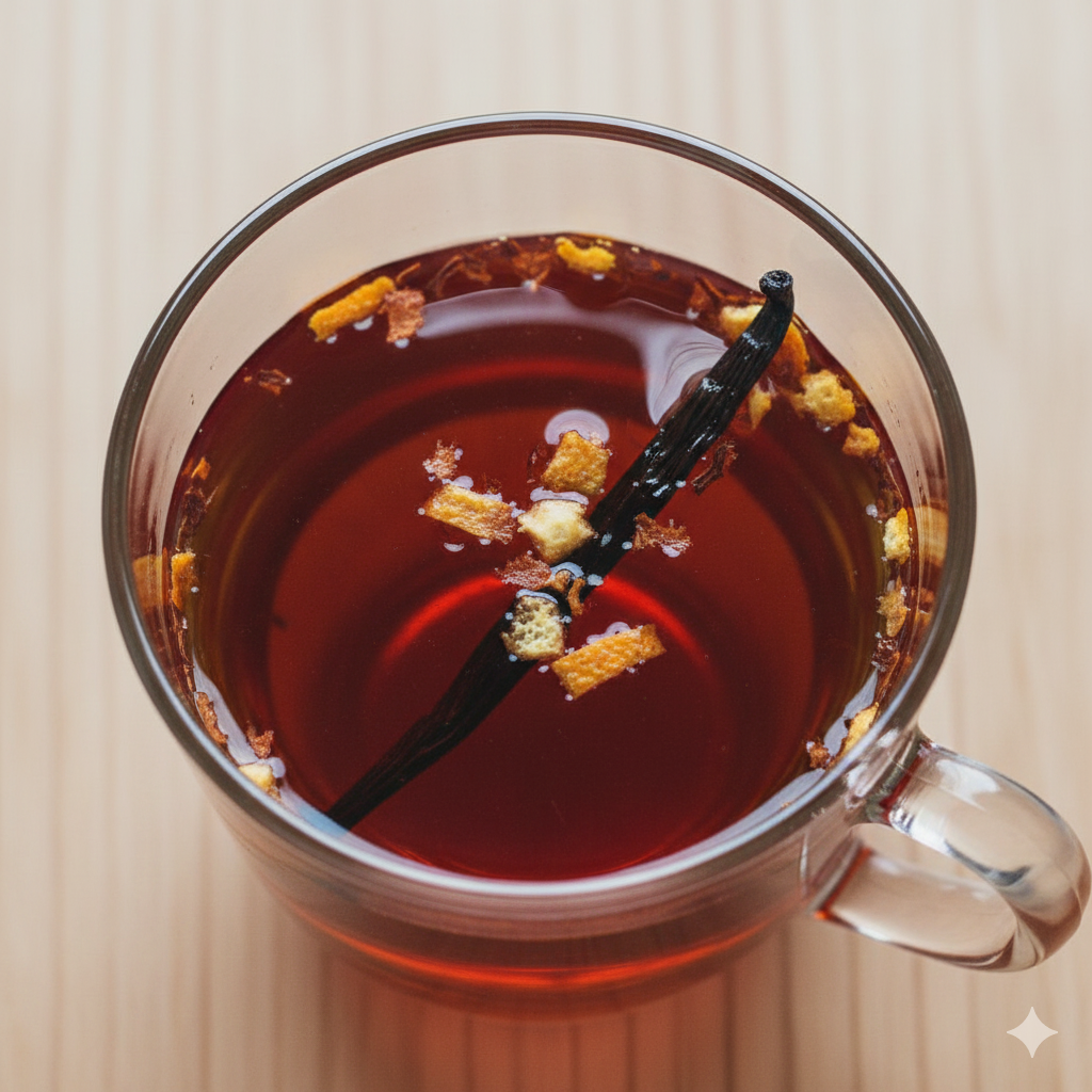 La surface de la boisson chaude est parsemée de fragments de rooibos, peut-être de fines touches d'écorce d'orange et d'éclats de vanille. Image