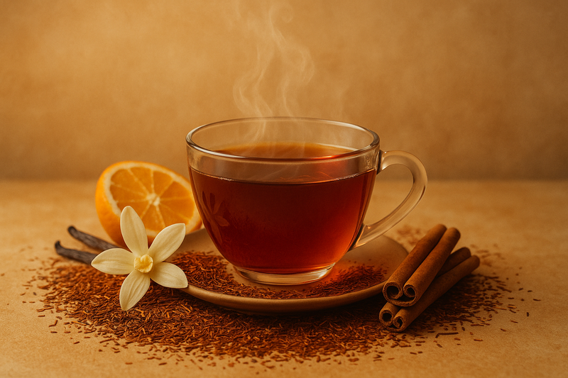 Tasse de rooibos chaud avec gousse de vanille, bâtons de cannelle et tranche d'orange.