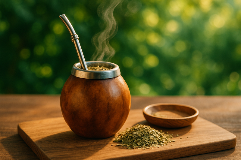 Gourd de maté en bois avec bombilla en métal et feuilles de maté. Ambiance naturelle et chaleureuse.