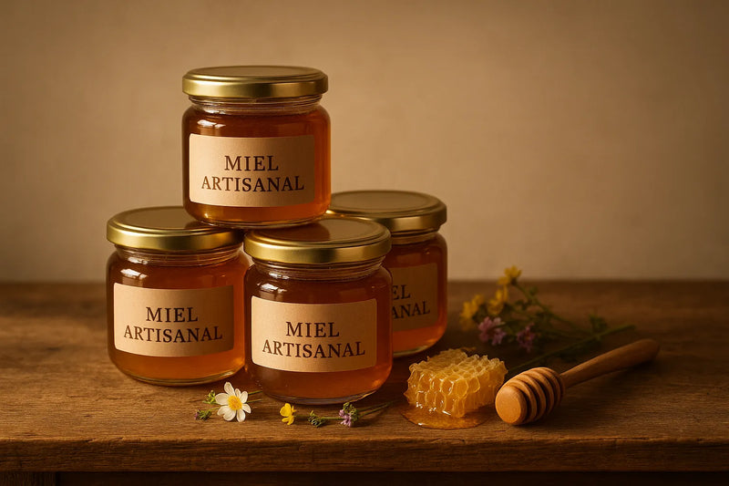 Des pots de verre remplis de miel artisanal, sur une étagère en bois. Sur l'étiquette minimaliste est inscrit « Miel Artisanal » en français.