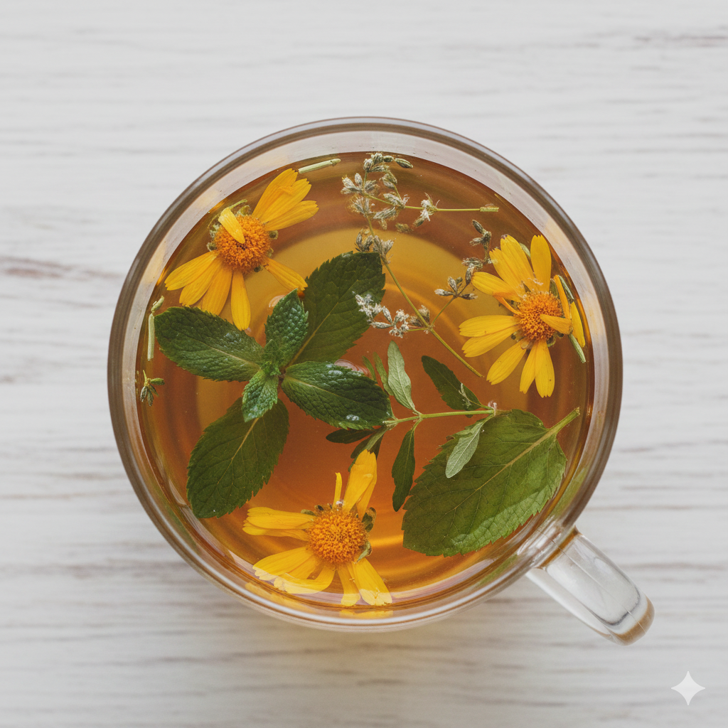 La surface de l'infusion est décorée de pétales de fleurs comestibles (roses, camomille) et de petites feuilles de menthe ou de verveine qui flottent délicatement. Image