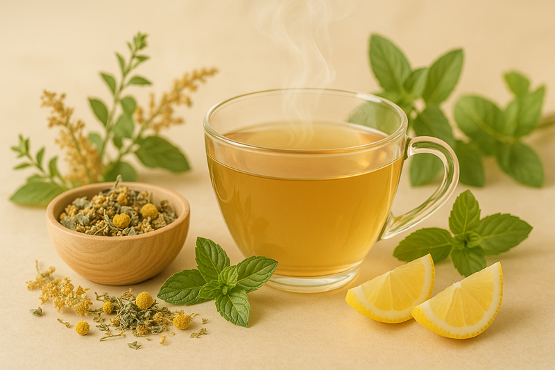 Tasse de tisane chaude avec feuilles de menthe fraîches et tranches de citron