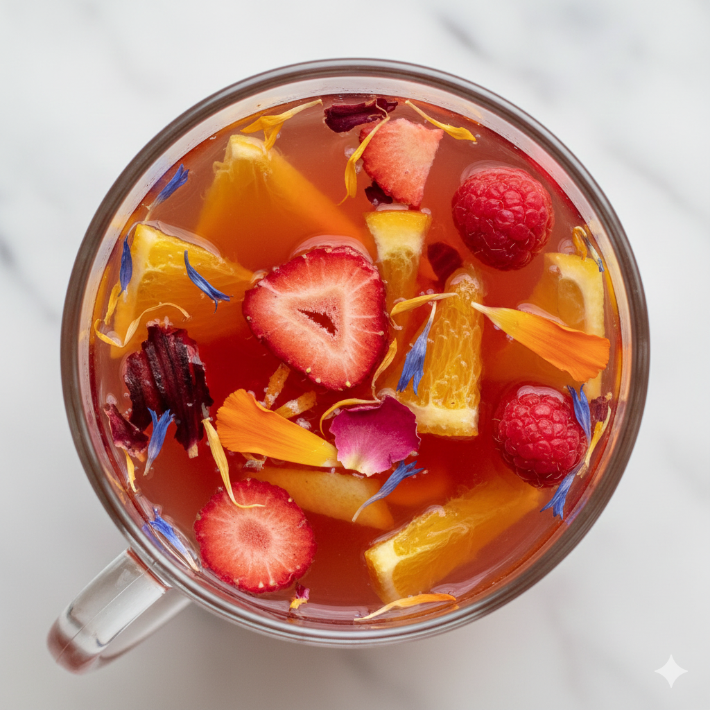 La surface de l'infusion est garnie de morceaux de fruits frais (tranches de fraises, framboises entières, quartiers d'orange ou d'agrumes) et de pétales de fleurs comestibles (hibiscus rouges, bleuets bleus, soucis jaunes) Image