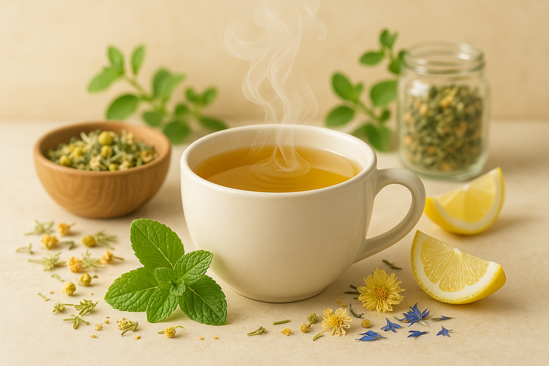 Tasse de tisane chaude avec feuilles de menthe fraîches et tranches de citron, ambiance douce et apaisante.