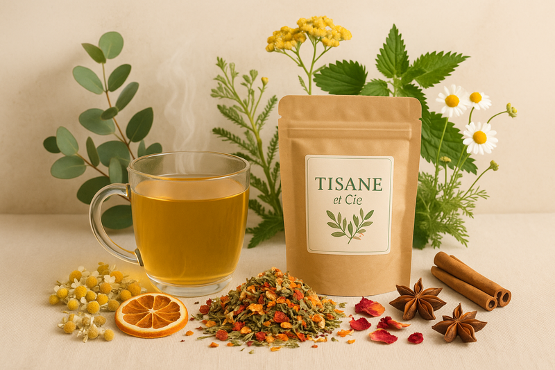 Sachet de tisane Tisane et Cie avec mélange d'herbes séchées, bâtons de cannelle, anis étoilé et tasse de tisane chaude.