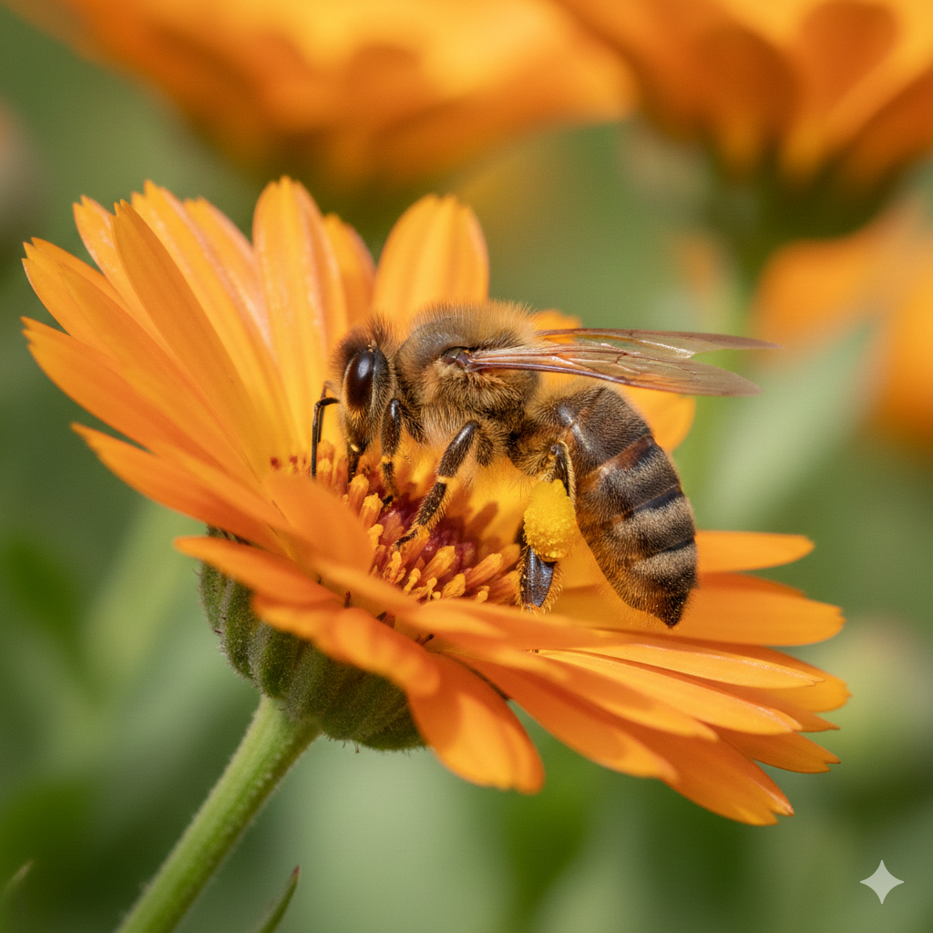 Une abeille en plein travail sur une fleur orange de Calendula pour la biodiversité. Image