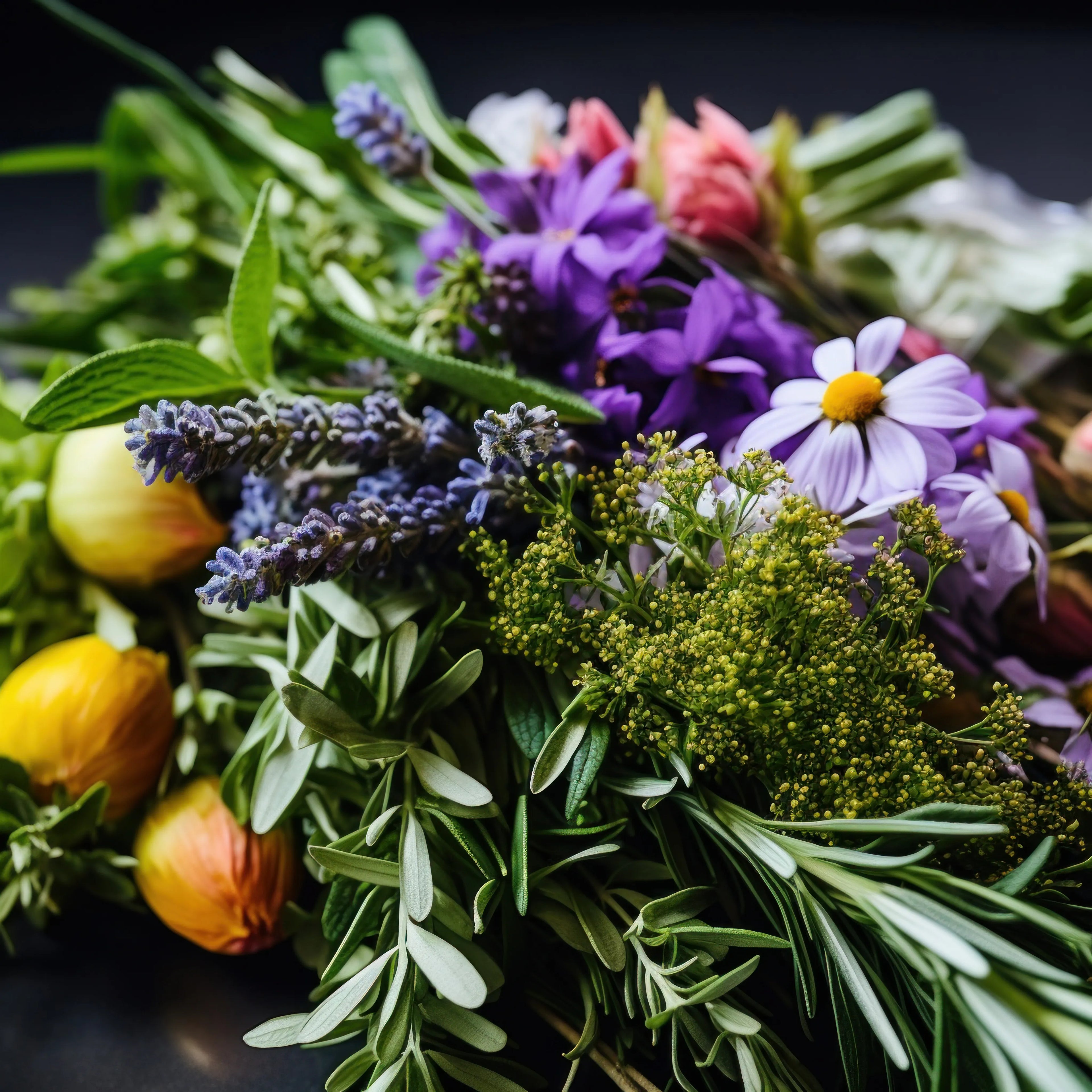 Gros plan sur un bouquet composé de diverses herbes aromatiques vertes comme le romarin et la lavande, mélangées à des fleurs violettes et blanches et quelques petits fruits jaunes