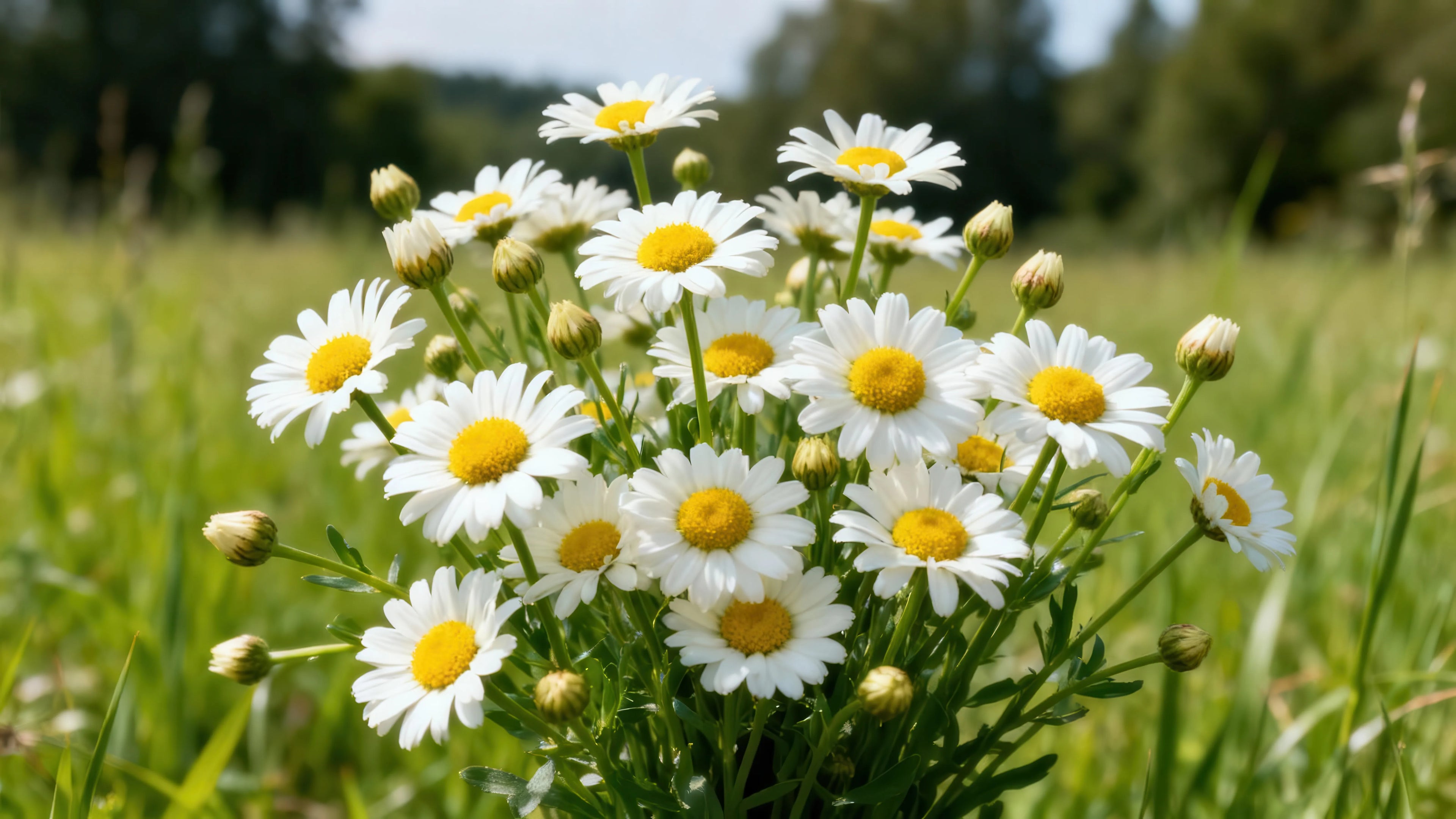 Bouquet de fleurs de marguerites blanches avec des centres jaunes, debout dans un champ herbeux vert sous la lumière du jour. Image