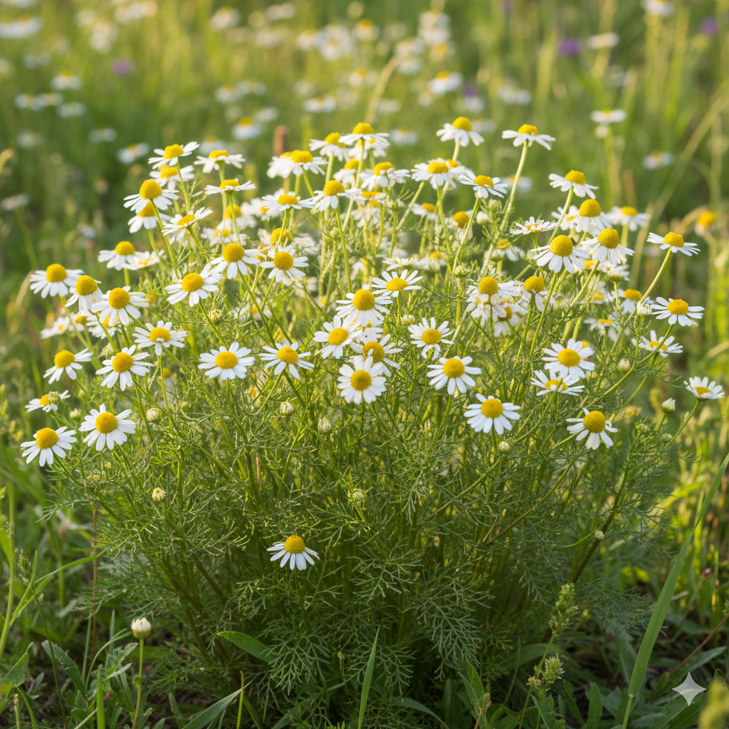Gros plan sur une touffe dense de camomille matricaire (Matricaria recutita) en pleine floraison. Les fleurs possèdent des pétales blancs autour d'un cône central jaune, et sont soutenues par des tiges et des feuilles finement divisées, d'un vert vif.