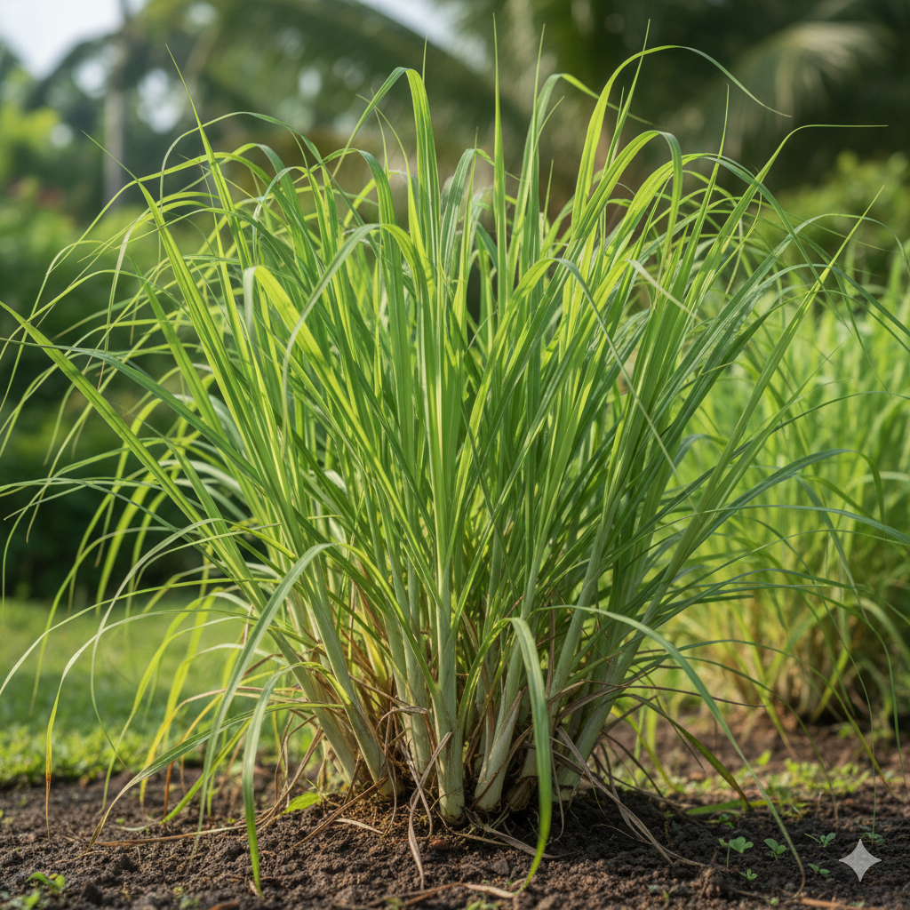 Gros plan sur une touffe dense de citronnelle avec de longues feuilles vertes et fines. Les bases des tiges, légèrement bulbées et pâles, sont visibles, indiquant une plante fraîchement récoltée ou en pleine croissance