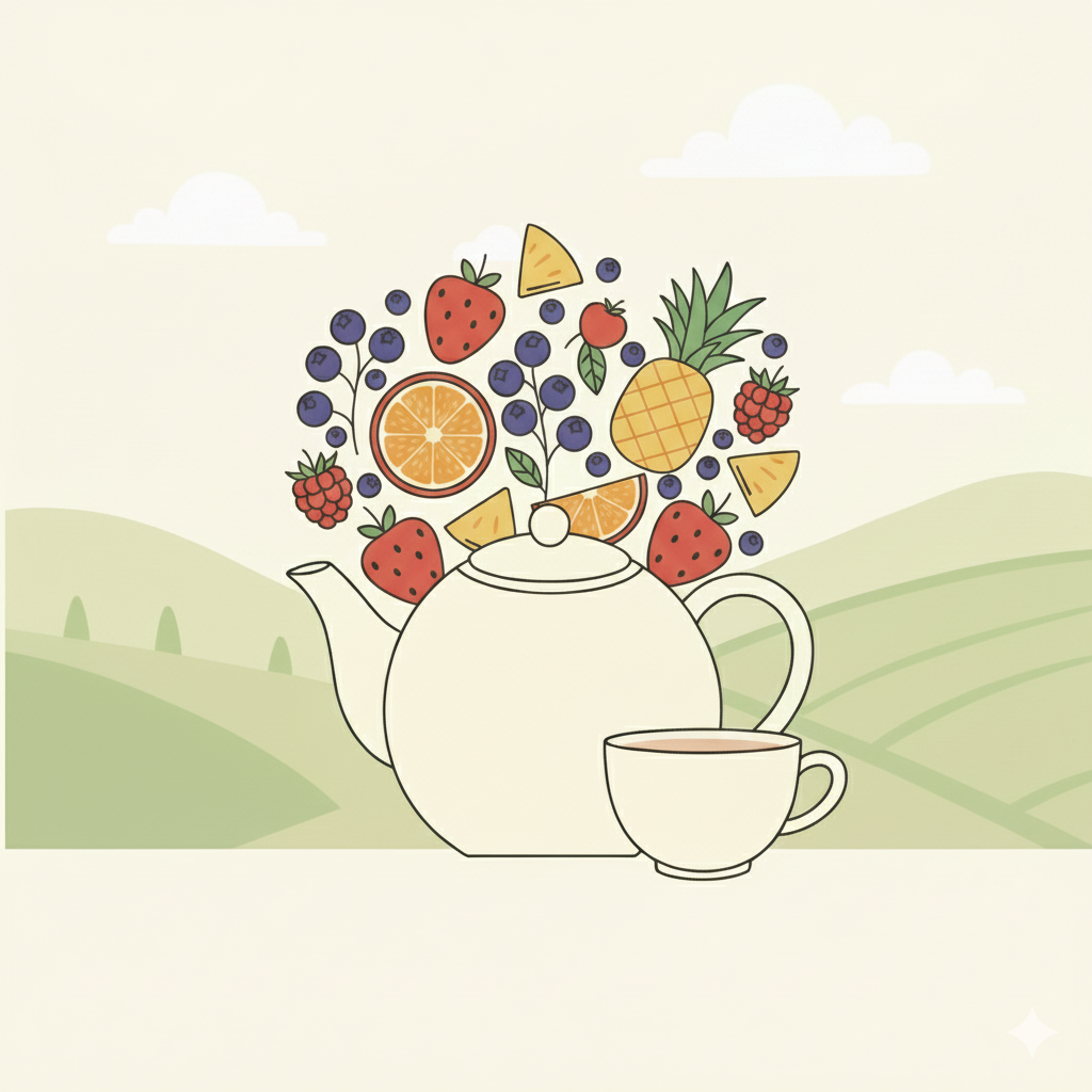 Une théière blanche est surmontée d'un arrangement abondant de fruits coupés, y compris des fraises, des myrtilles, des tranches d'orange, des framboises, des ananas et d'autres petits morceaux de fruits. À côté de la théière, une tasse blanche contient une boisson couleur thé. Le tout est posé sur un fond de collines vertes avec des nuages et des papillons discrets.