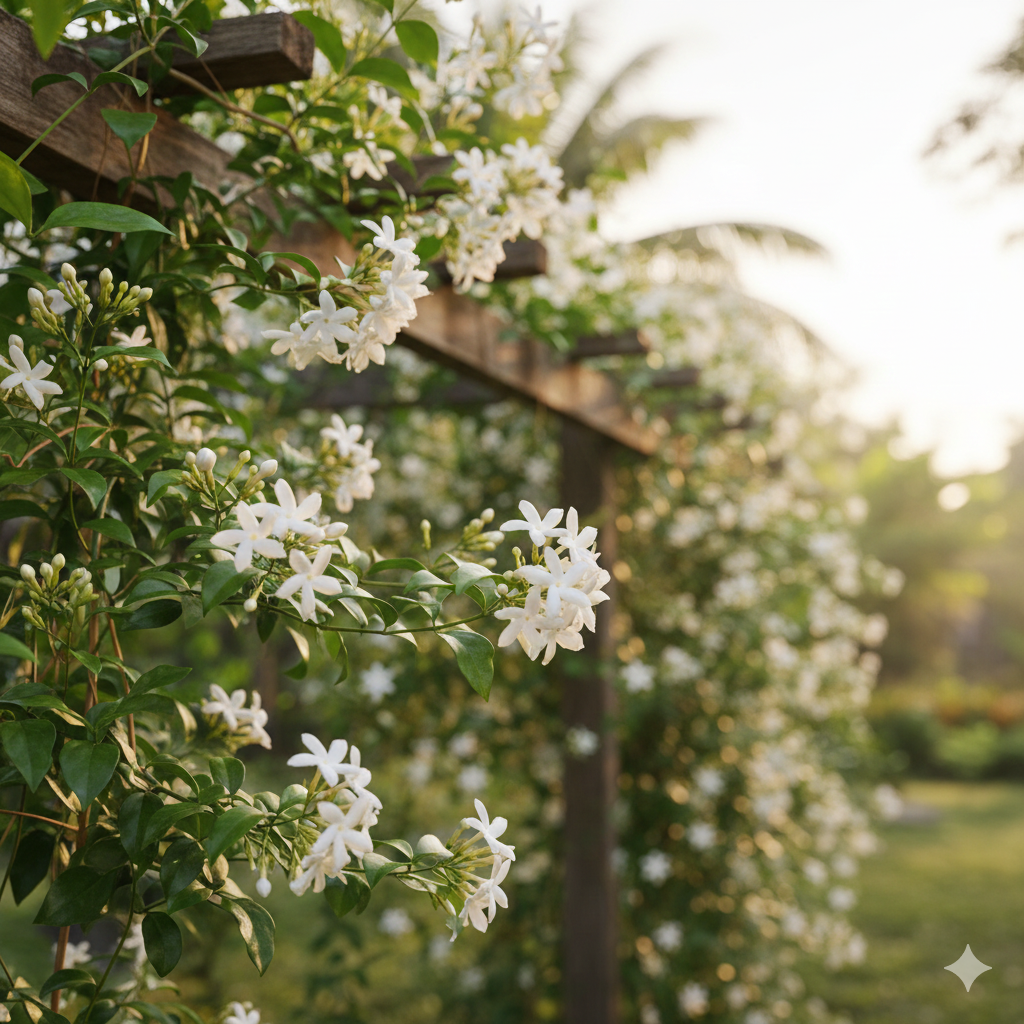 Gros plan sur plusieurs petites fleurs de jasmin blanches, délicates et étoilées, poussant sur une vigne grimpante avec des feuilles vert foncé brillantes. L'image capture le jasmin en pleine floraison.