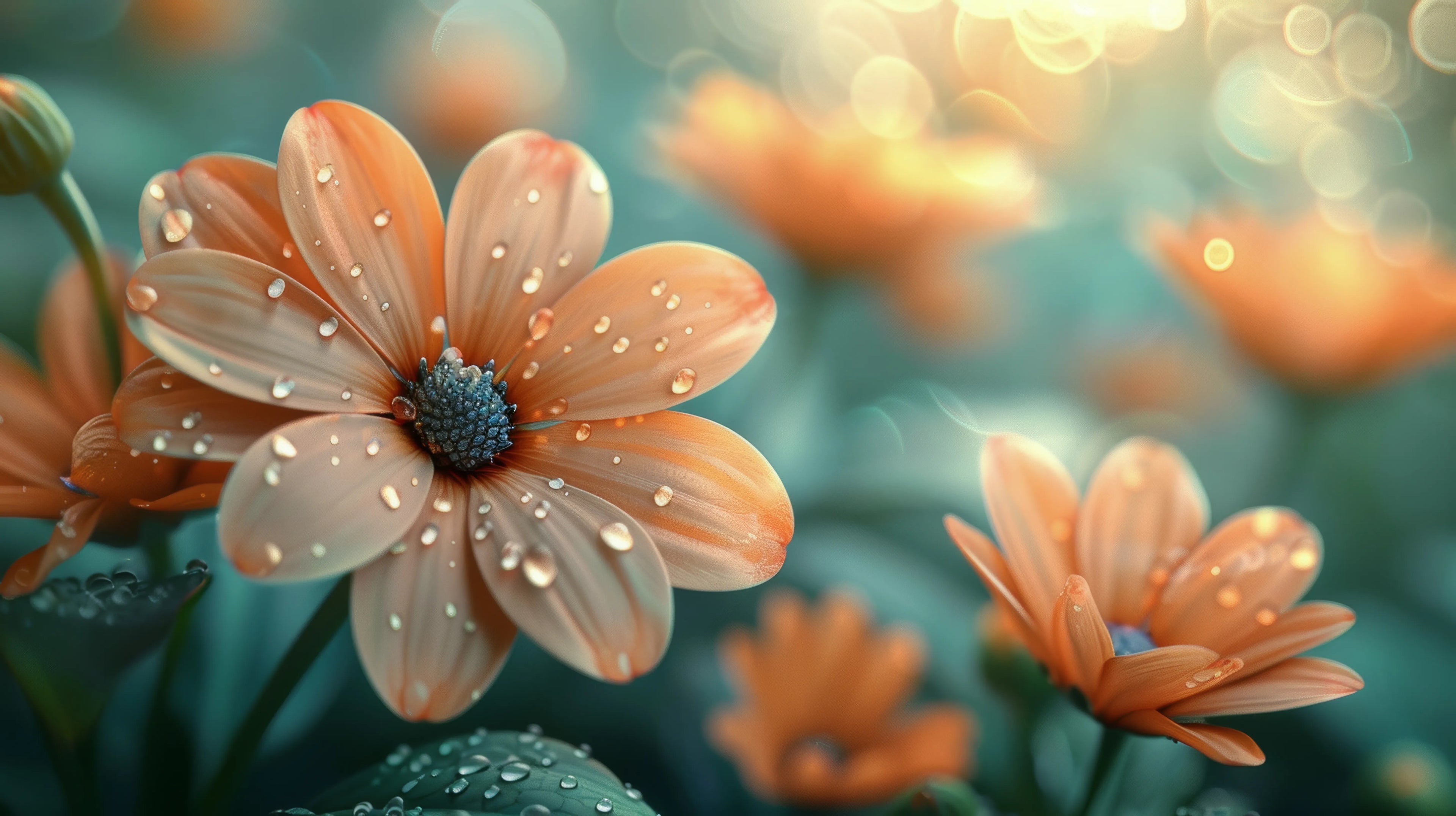 Gros plan d'une fleur d'oranger parsemée de gouttes d'eau, avec d'autres fleurs floues en arrière-plan. La lumière du soleil crée un bokeh chaleureux et lumineux
