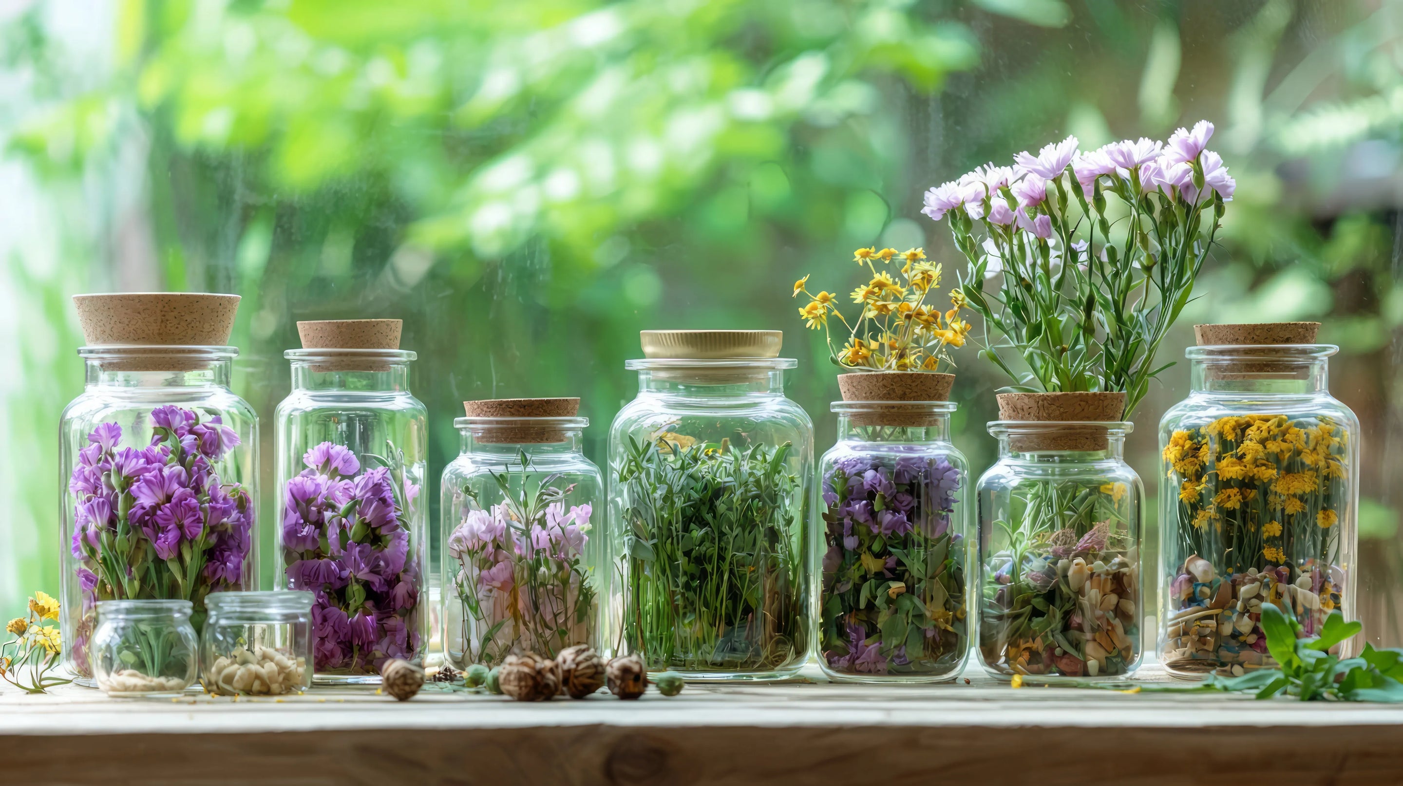 Alignement de bocaux en verre avec bouchons en liège contenant diverses herbes médicinales et fleurs violettes et jaunes, posés sur un rebord en bois devant une fenêtre lumineuse avec vue sur un jardin verdoyant.