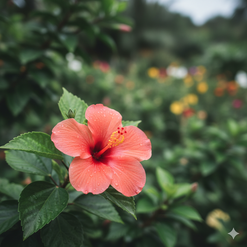 Gros plan d'une fleur d'hibiscus tropicale d'un rouge-orangé vif, avec son pistil jaune proéminent, entourée de feuilles vertes dans un environnement de jardin flou et luxuriant