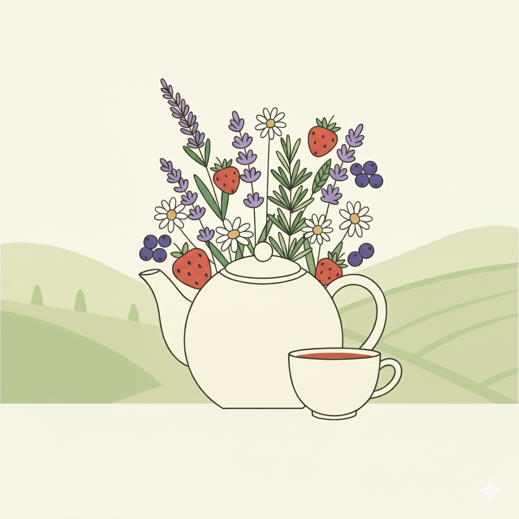Une théière blanche est surmontée d'un arrangement de fleurs de lavande violette, de marguerites blanches, de fraises rouges et de myrtilles bleues. À côté de la théière, une tasse blanche contient une boisson couleur thé. Le tout est posé sur un fond de collines vertes avec des nuages et des papillons discrets.