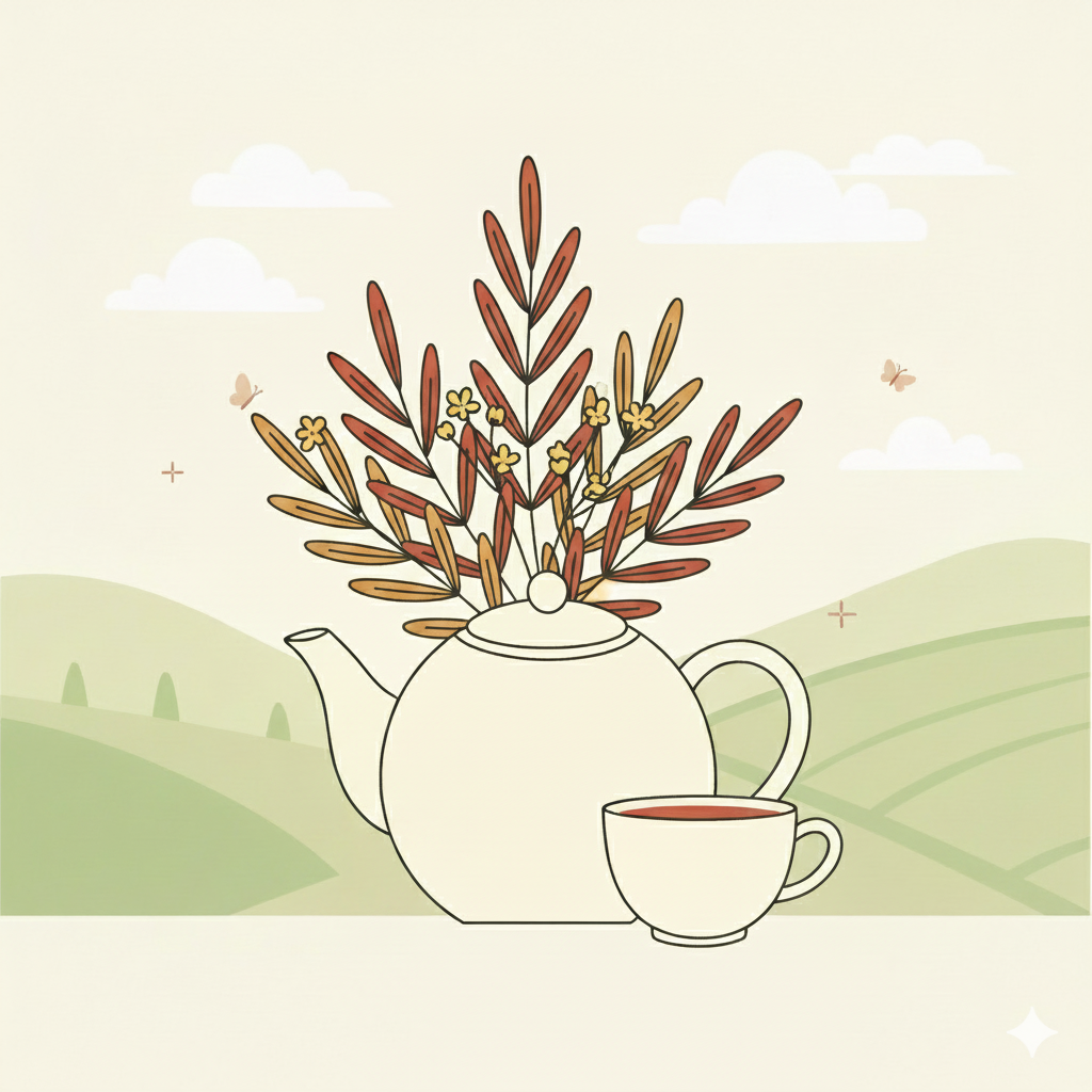 Une théière blanche est entourée de branches de rooibos aux feuilles orange et marron. À côté de la théière, une tasse blanche contient une boisson couleur thé. Le tout est posé sur un fond de collines vertes avec des nuages et des papillons discrets.