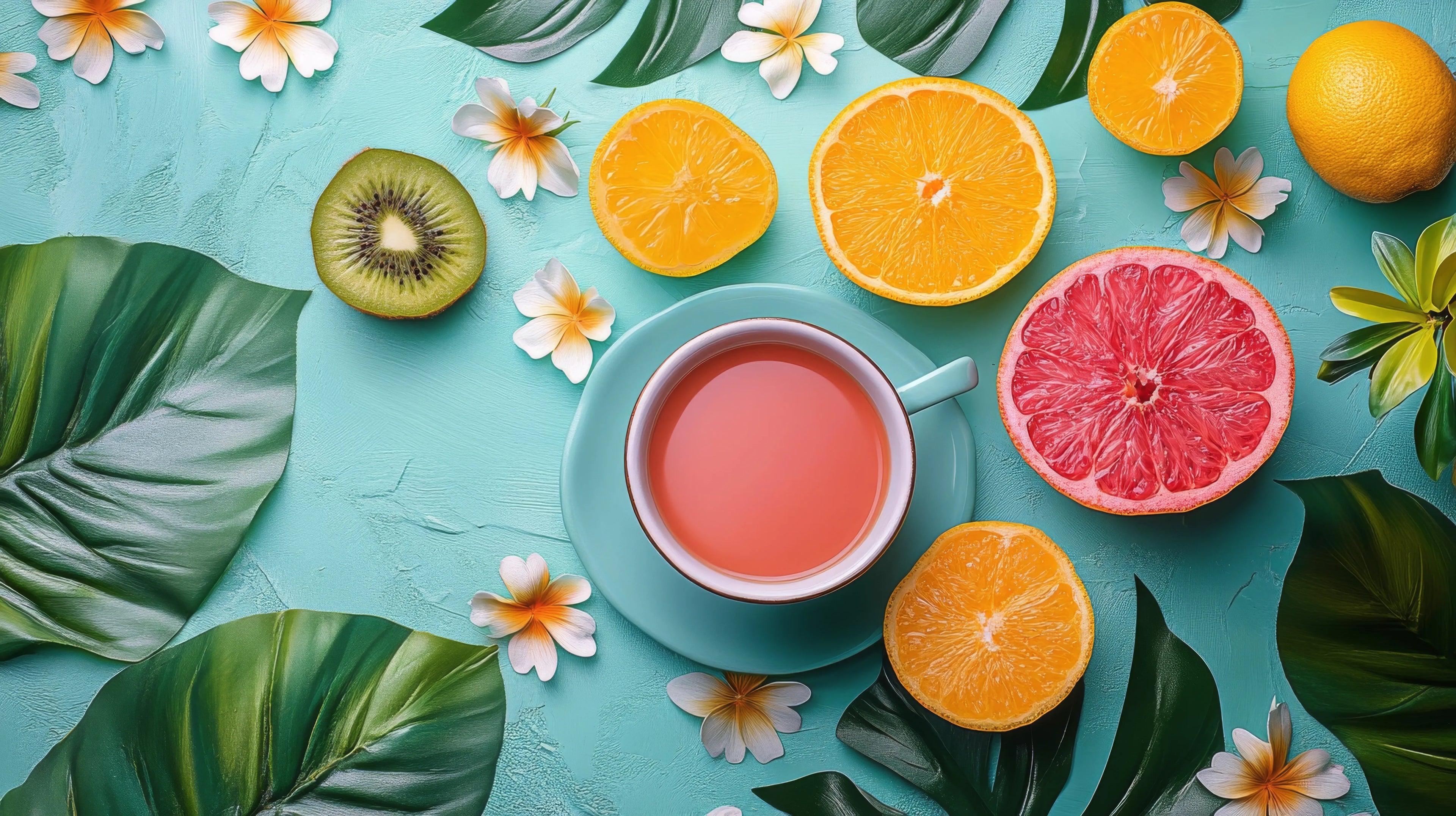 Vue de dessus d'une tasse de thé rose entourée de tranches d'orange, de pamplemousse rose, de kiwi, de fleurs blanches et de grandes feuilles tropicales sur un fond texturé bleu turquoise.