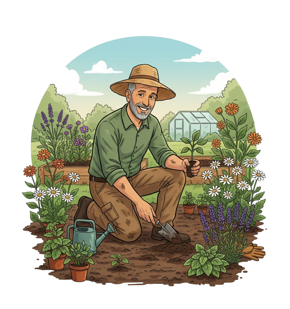 Illustration d'un homme souriant, inspiré de la photo, agenouillé dans un jardin. Il plante une jeune pousse avec une truelle, entouré de lavande, marguerites et herbes aromatiques. Une serre est visible en arrière-plan sous un ciel bleu. Style dessin animé, couleurs vives. Image