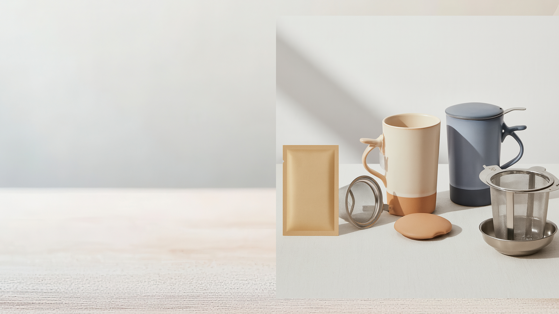 Image panoramique présentant un sachet de tisane kraft, deux mugs colorés avec leurs couvercles et filtres à thé, et un infuseur en inox avec sa coupelle