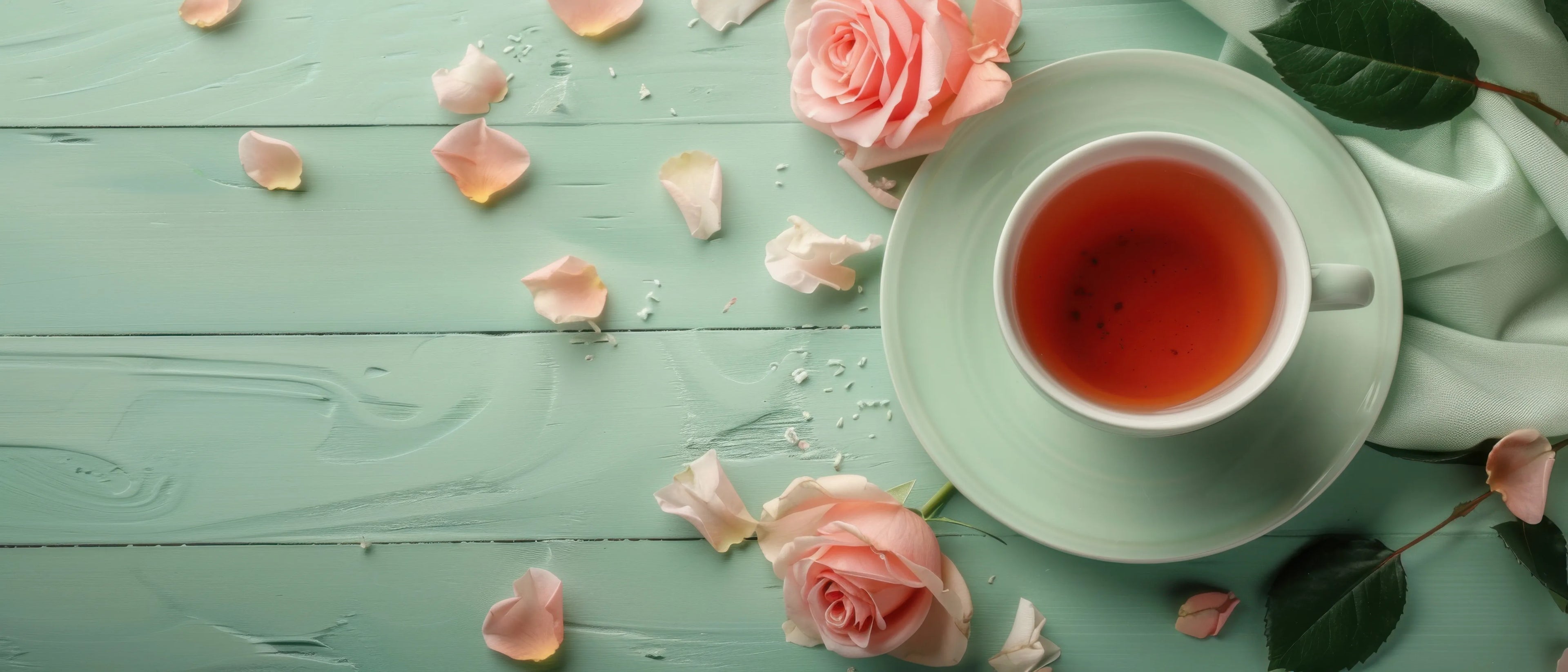 Vue aérienne d'une tasse à thé blanche et d'une soucoupe vert menthe remplies de thé ambré, entourées de délicats pétales de roses rose clair et de deux roses rose pâle pleinement épanouies
