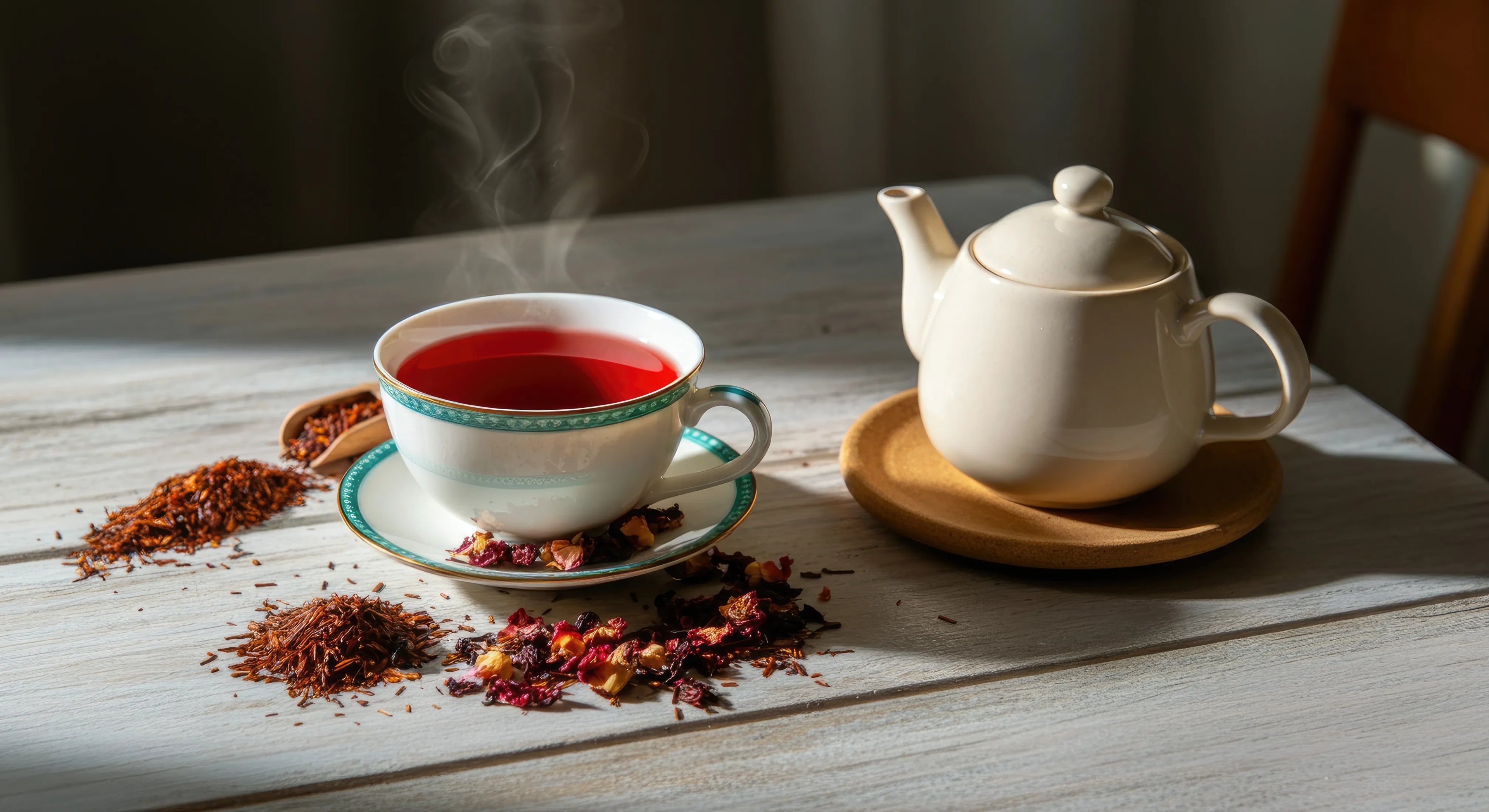 Une tasse de thé blanc contenant une infusion rouge vif fumante, posée sur une table en bois à côté d'une théière en céramique et de petits tas de feuilles de rooibos et de fleurs séchées.