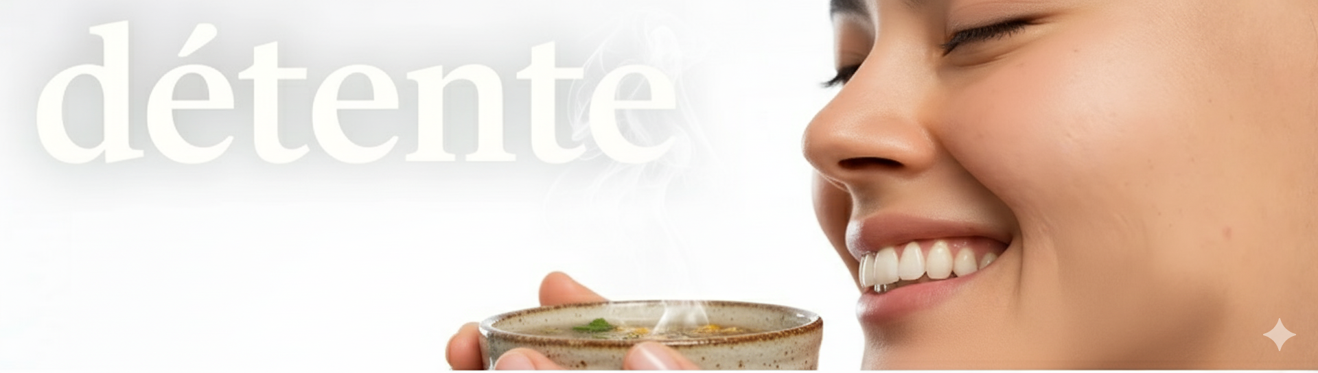 Gros plan sur le visage souriant et apaisé d'une personne aux yeux fermés, tenant une tasse de tisane fumante. Le mot "détente" est visible en arrière-plan