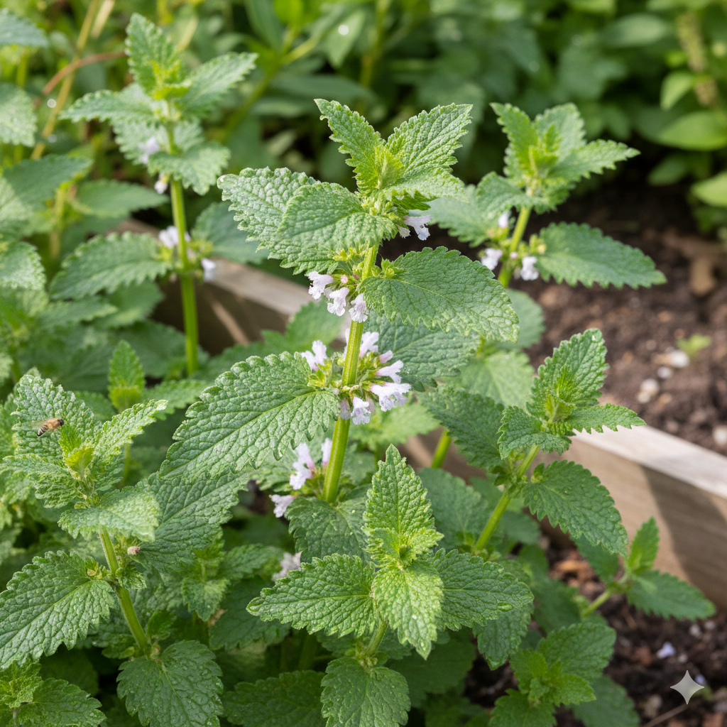 Gros plan sur un pied de mélisse officinale montrant ses feuilles vertes, dentelées et gaufrées, poussant en extérieur avec un éclairage naturel