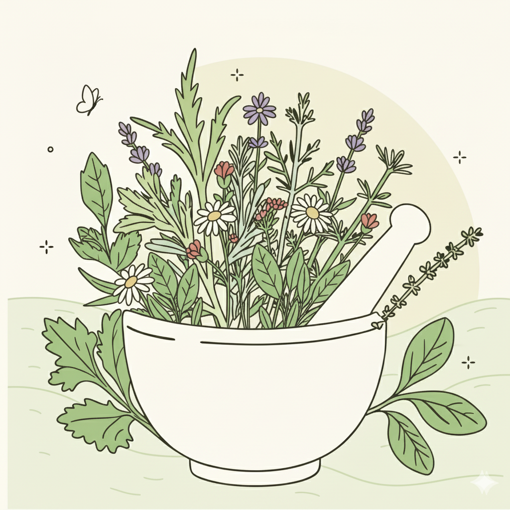 Un mortier et un pilon blancs sont remplis d'un mélange de plantes et de fleurs de différentes tailles et couleurs, comme de la lavande, des marguerites et d'autres herbes. Le tout est posé sur un arrière-plan vert pâle avec des papillons simples et des motifs de croix.