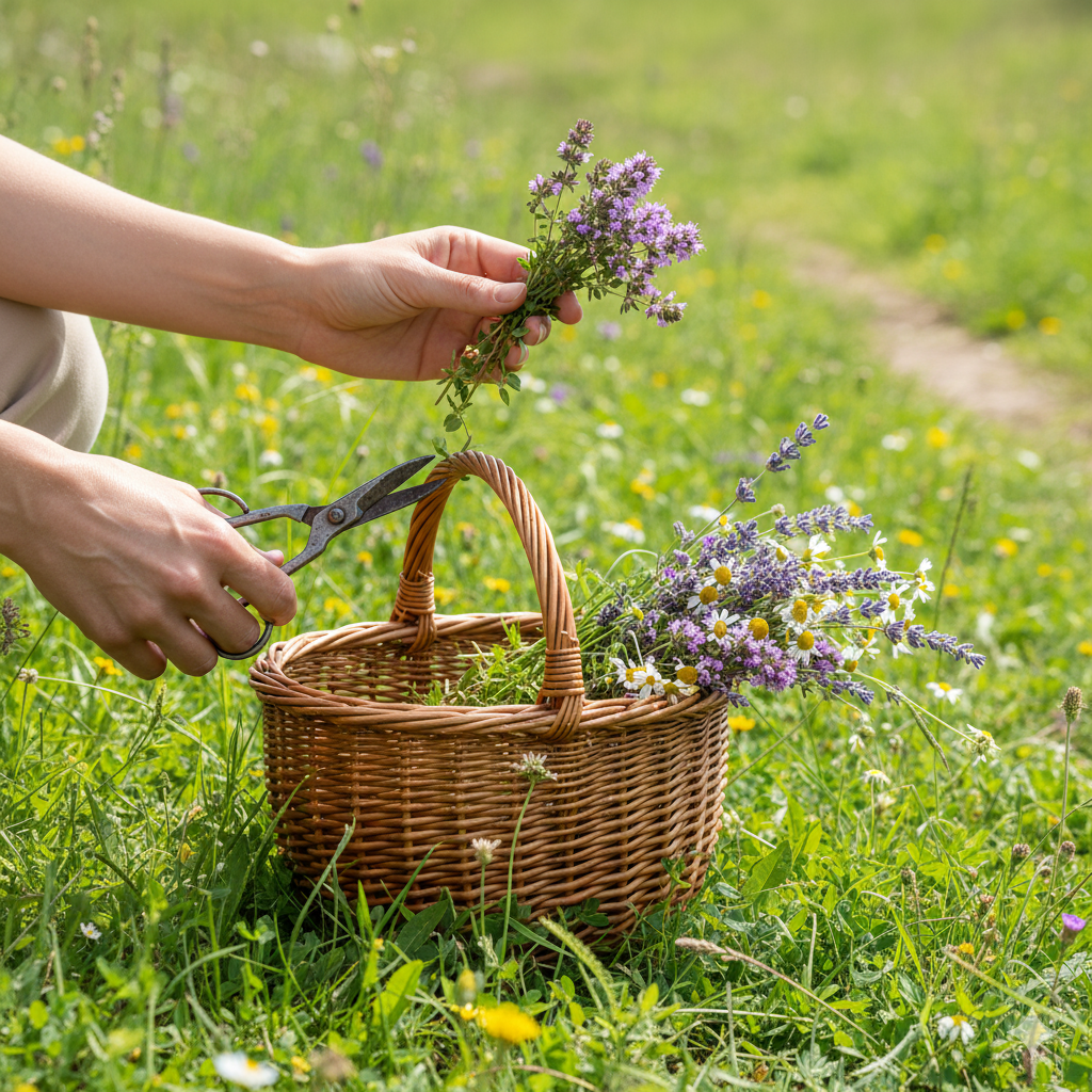 Gros plan sur des mains humaines en train de cueillir des herbes fleuries violettes avec des ciseaux de jardinage. Un panier en osier rempli de plantes est posé dans l'herbe verte