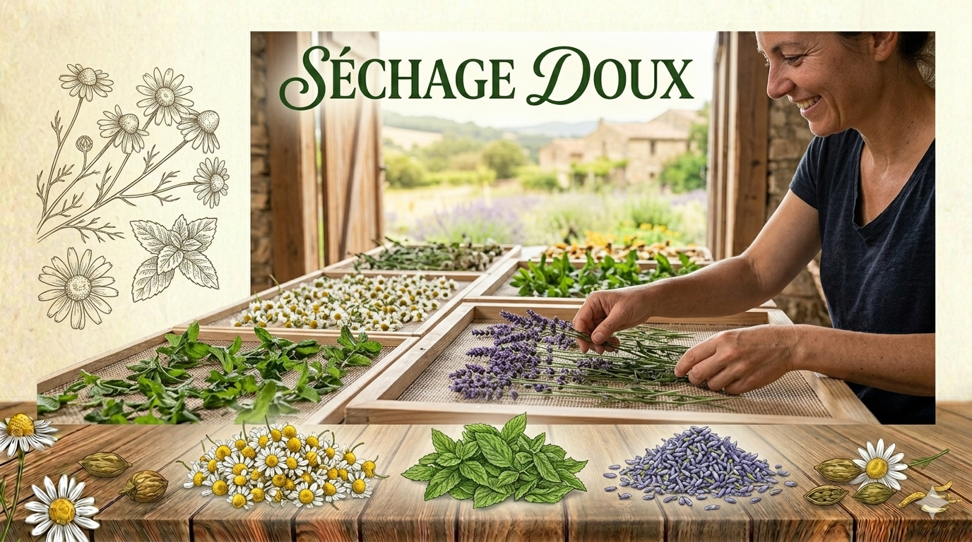 Atelier de séchage artisanal chez Tisane et Cie. Une herboriste dispose des feuilles de menthe, de camomille et de lavande sur des claies en bois pour un séchage doux à basse température, préservant les huiles essentielles. Image