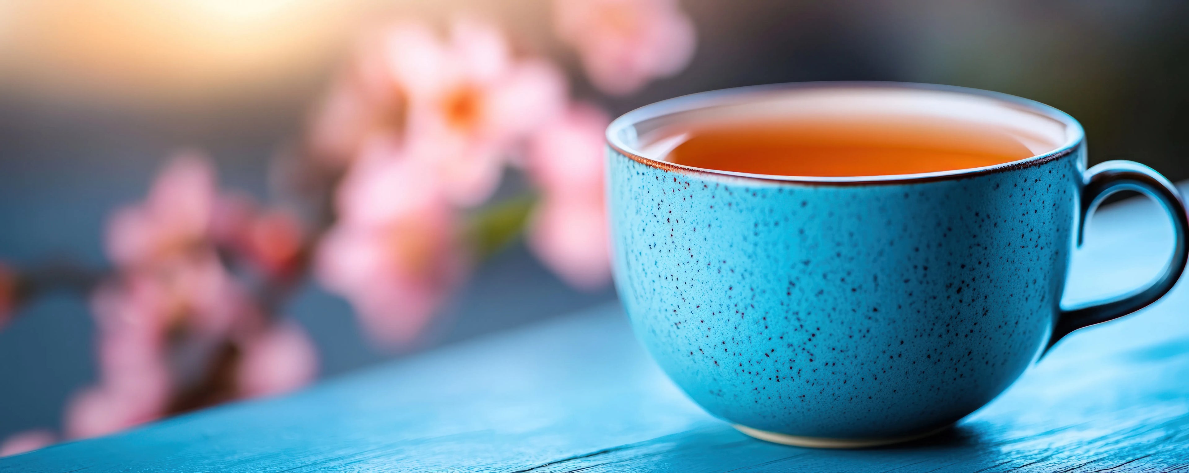 Gros plan horizontal d'une tasse à thé en céramique bleu sarcelle texturée et mouchetée, remplie d'un thé chaud aux reflets ambrés. La tasse repose sur un plateau en bois bleu foncé