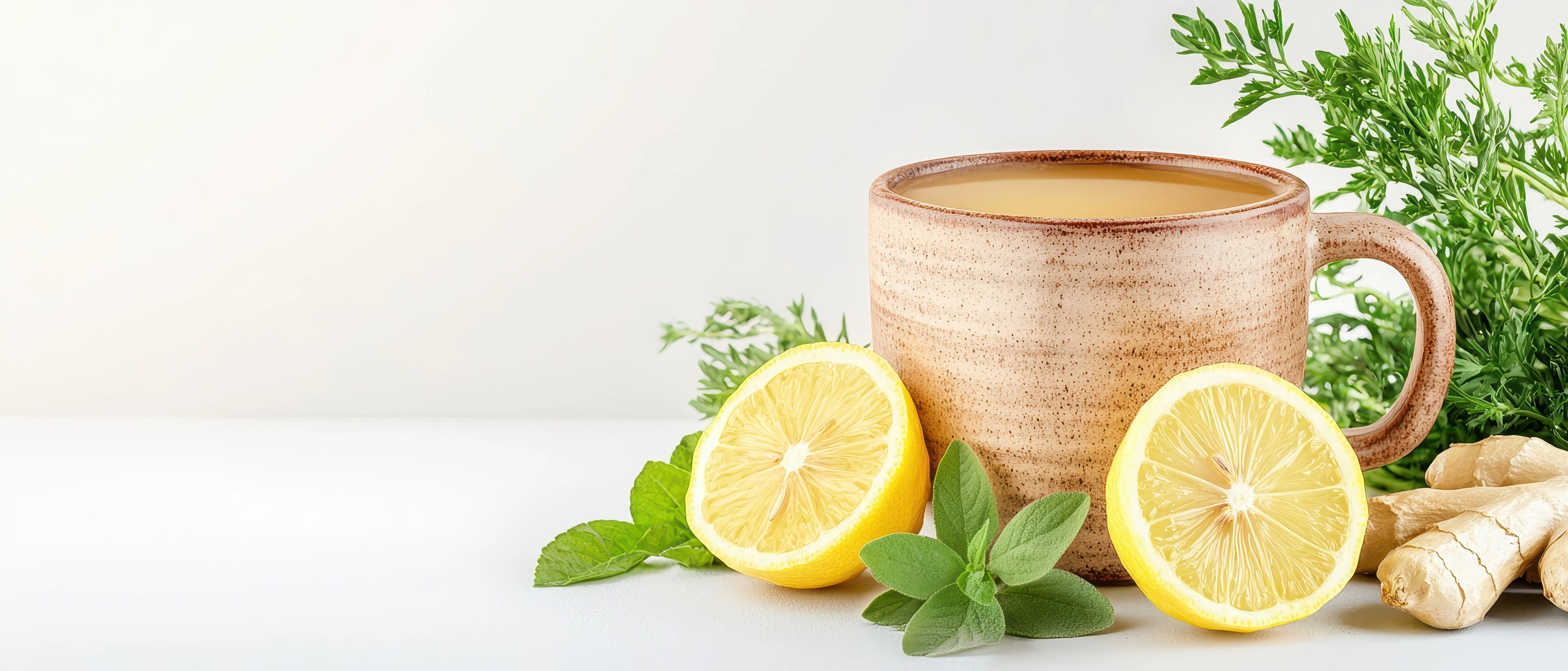 Gros plan d'une tasse rustique en céramique marron clair mouchetée, remplie d'une tisane jaune pâle, posée sur une surface blanche sur un fond blanc éclatant. La tasse est encadrée de deux moitiés de citron jaune vif, de brins de menthe fraîche ou d'origan, de racine de gingembre entière et d'herbes vertes plumeuses