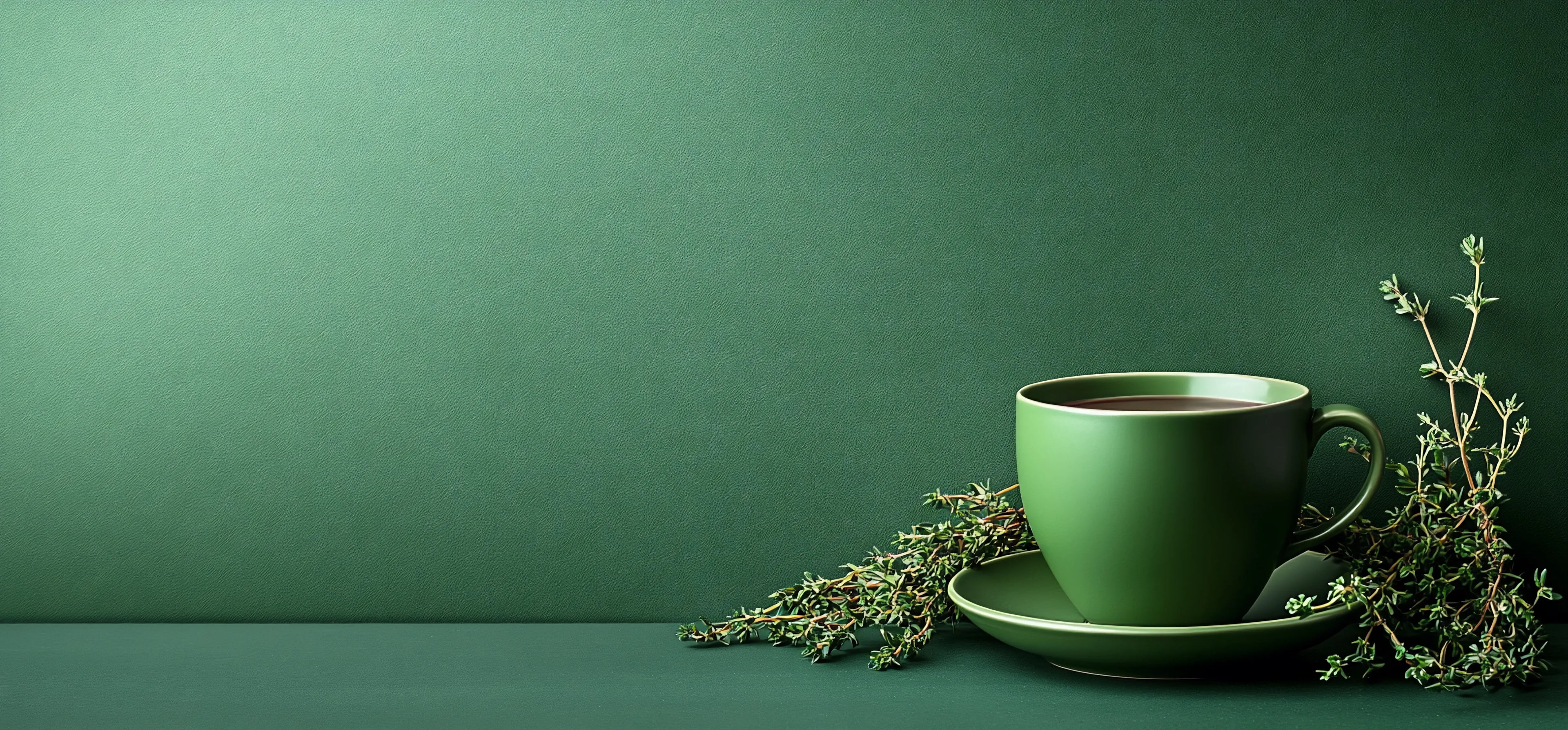 Nature morte représentant une tasse à thé et une soucoupe en céramique vert foncé, remplies d'un liquide ambré profond, posées sur une surface vert foncé sur un fond vert texturé assorti. Des brins de thym frais et de petites feuilles sont disposés autour