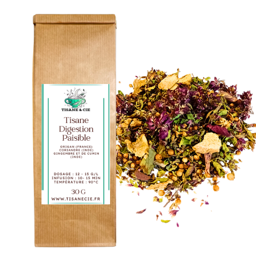 sachet en papier kraft et vrac de tisane bio Digestion Paisible avec origan, coriandre, gingembre et cumin