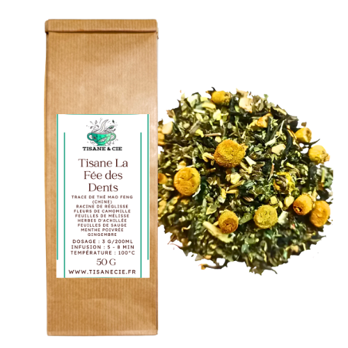 sachet en papier kraft et vrac de tisane bio La Fée des Dents avec thé mao feng, réglisse, camomille, mélisse, achillée, gingembre