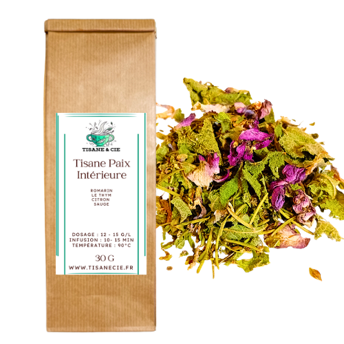sachet en papier kraft et vrac de tisane bio Paix Intérieure avec romarin, thym citron et sauge